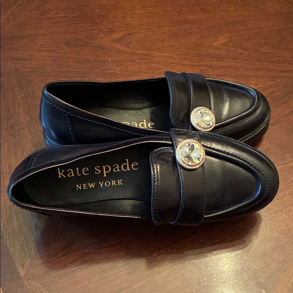 Kate Spade Black Designer Loafers with Silver & Rose Gold Embellishments